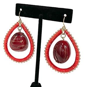 Retro Red Carnelian Like Bead With Gold Veining Drop Pierced Earrings